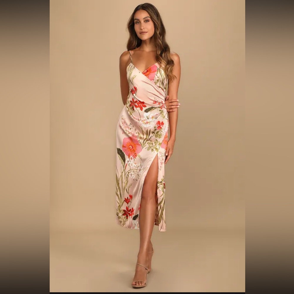 Lulu's Pink Floral Slip Midi Dress with Green Accents